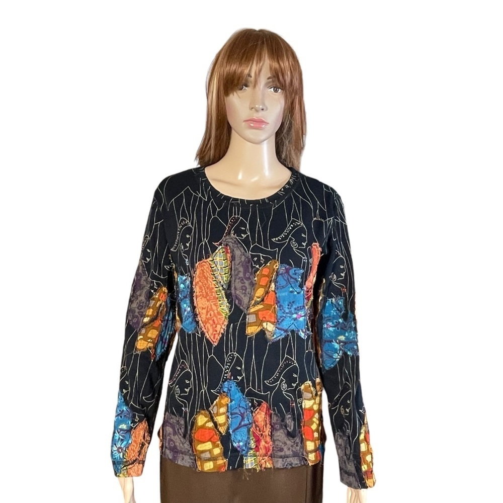 Chico's Bohemian Embroidered Long Sleeve Cotton Top Size 1 US M